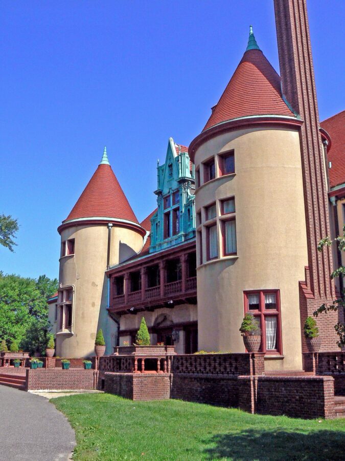 Coindre Hall, exterior, entrance towers